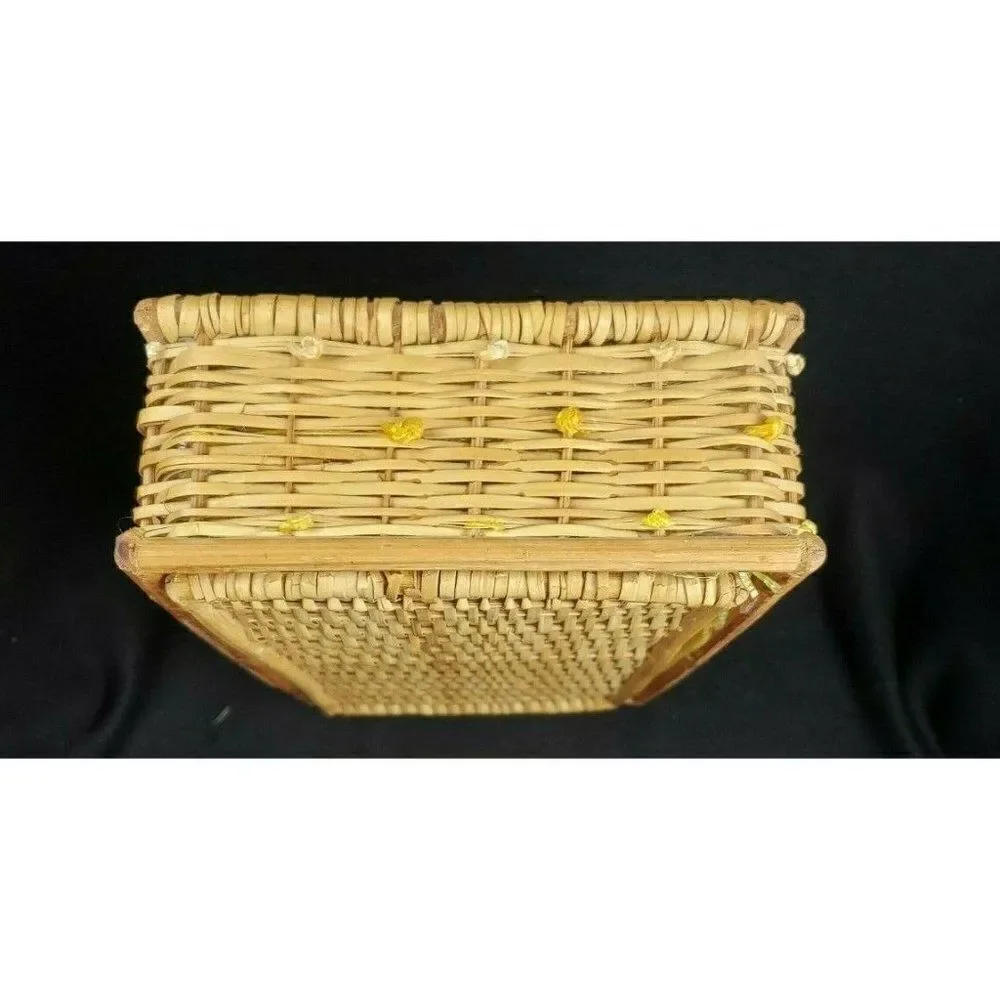 Boho Vintage 70s Wicker Rattan Wood Tissue Holder Box Flowers Cottagecore Decor